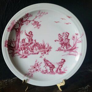 Antique French Aluminite Frugier Pink Toile Decorative Porcelain Plate - 8.625"